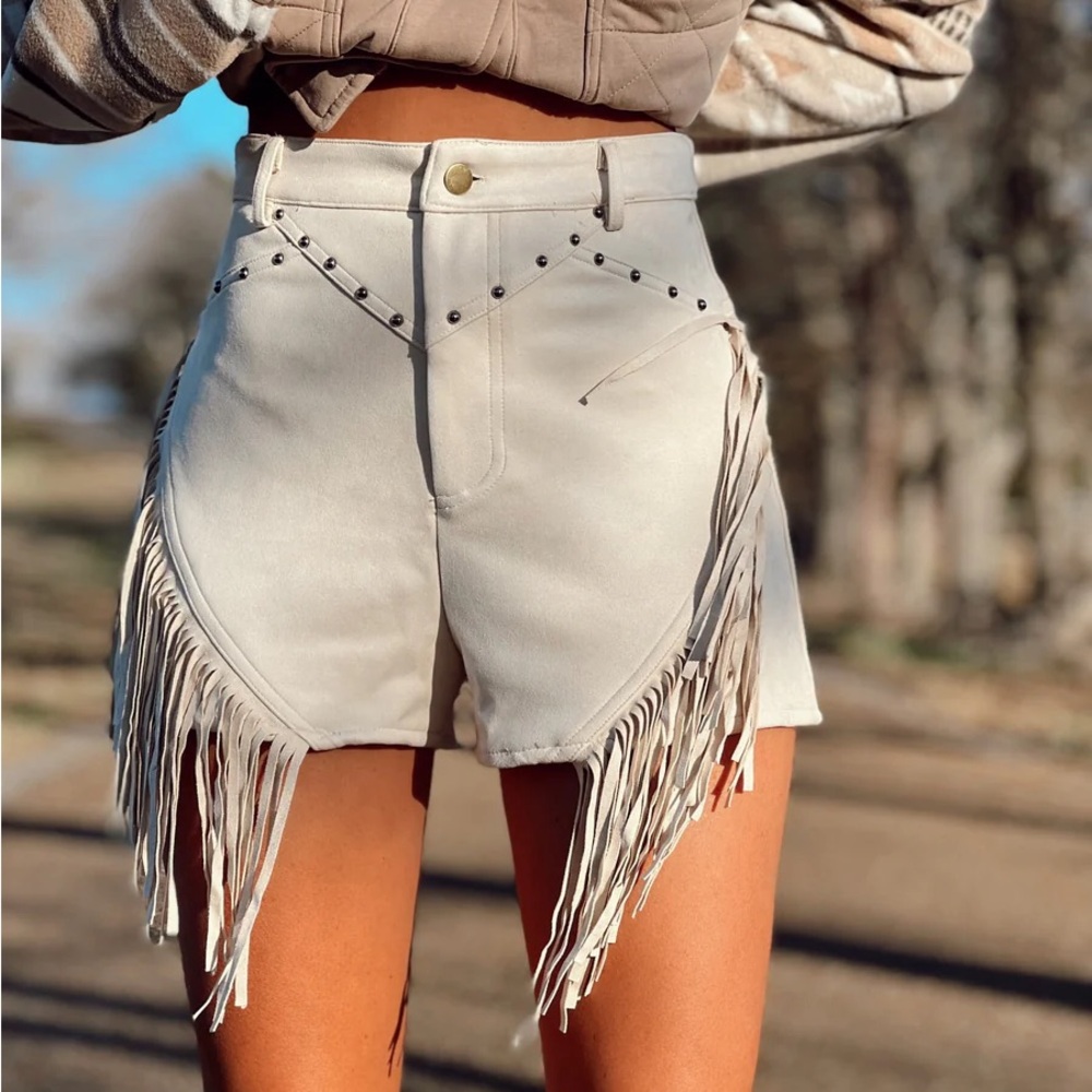 Fringe High-Waist Cream Women's Shorts - Picture 8 of 10